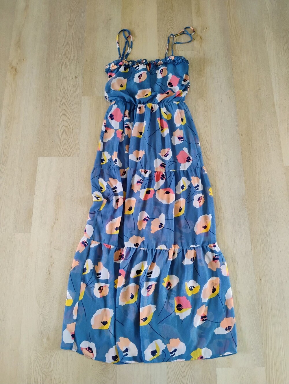 Teeze Me Light Blue Tiered Maxi Dress with Floral Peony Accents